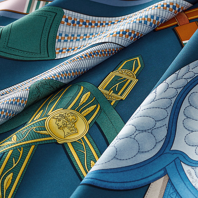 Hermes scarf blue and on sale gold